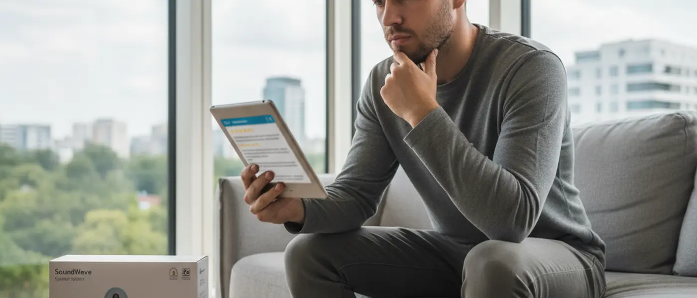 Jonge man bekijkt productreviews op een tablet in een woonkamer met elektronica dozen op de achtergrond