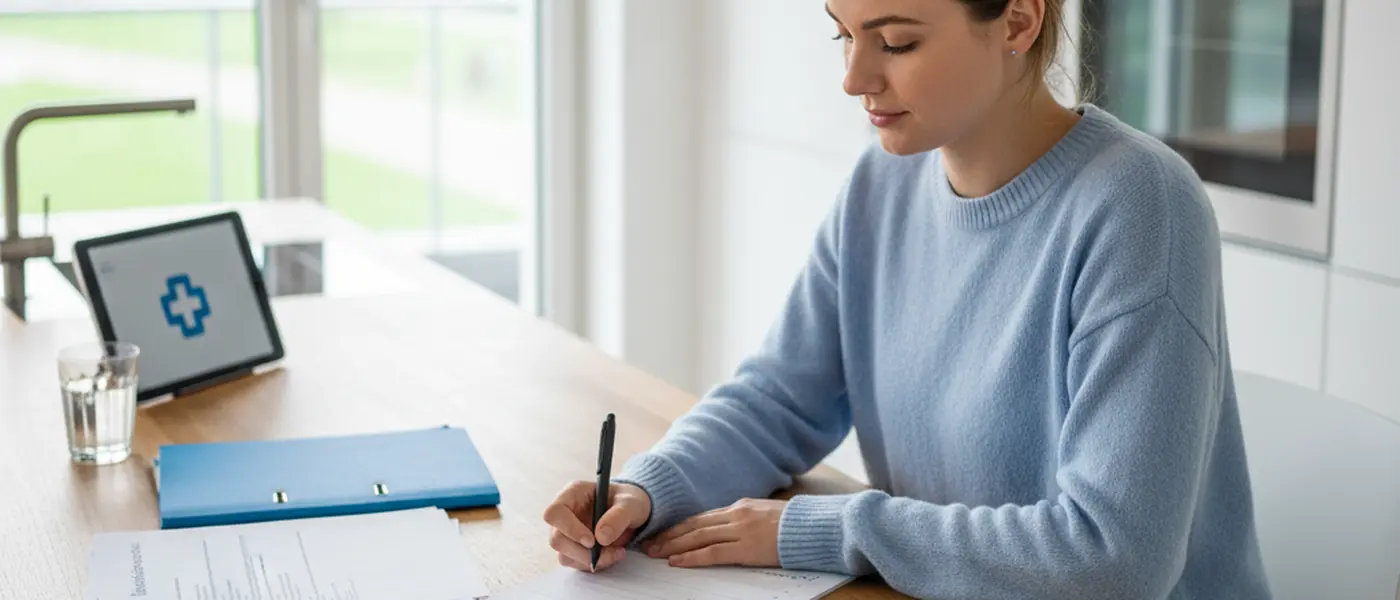Junge Frau bereitet sich zu Hause auf einen Arzttermin vor, schreibt eine Checkliste am Küchentisch
