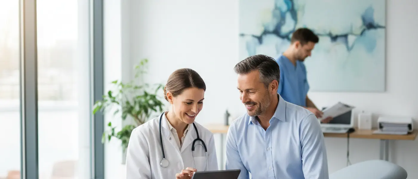 Mann bei einer Gesundheitsuntersuchung beim Hausarzt, Blutdruckmessung in einer modernen Arztpraxis