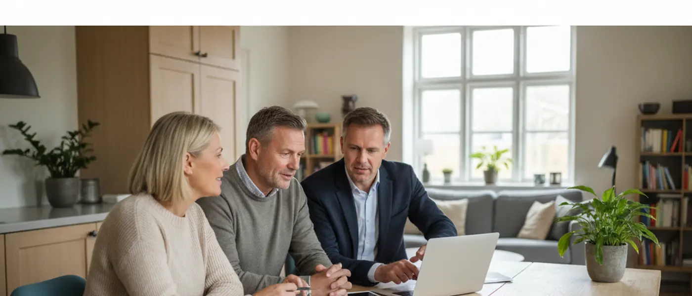 Dansk par gennemgår pensionsdokumenter med formuerådgiver i hjemmet