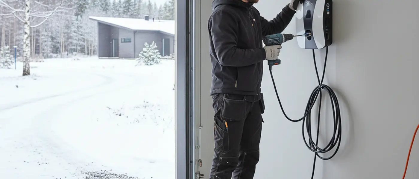 Sähkömies asentamassa sähköauton latausasemaa suomalaisen omakotitalon autotalliin talvisessa maisemassa