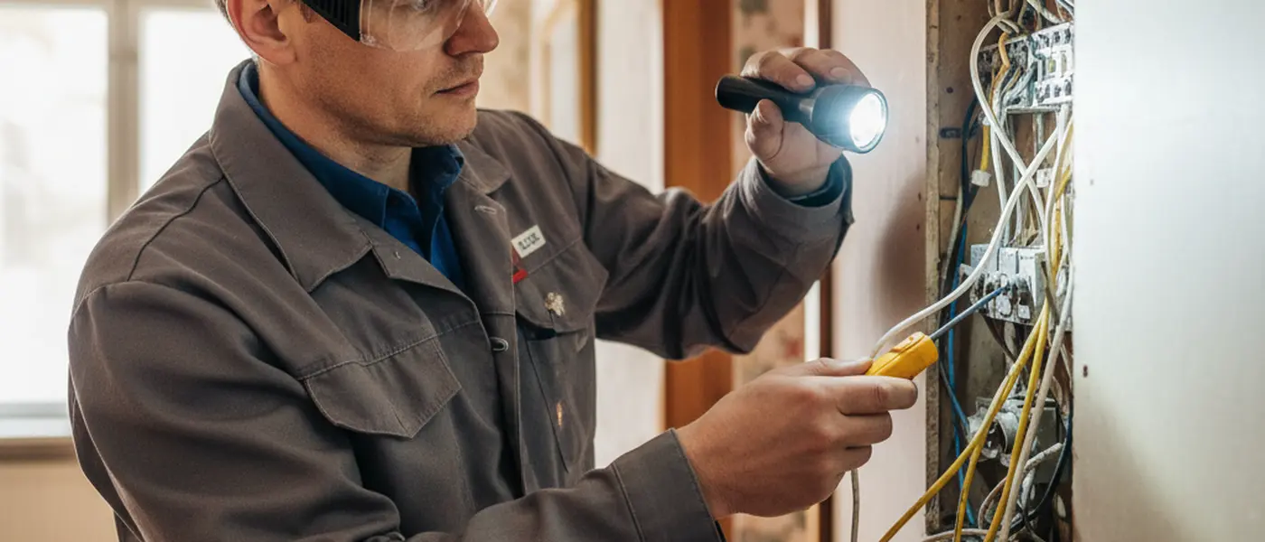 Sähköasentaja tarkistamassa vanhaa alumiinijohdotusta 1970-luvun kerrostaloasunnossa taskulampun valossa