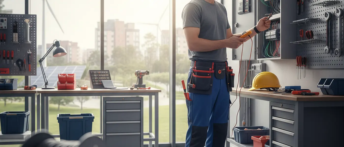 Suomalainen sähkömies työskentelemässä asuinhuoneiston sähkökeskuksella työhaalarissa ja turvavälineissä