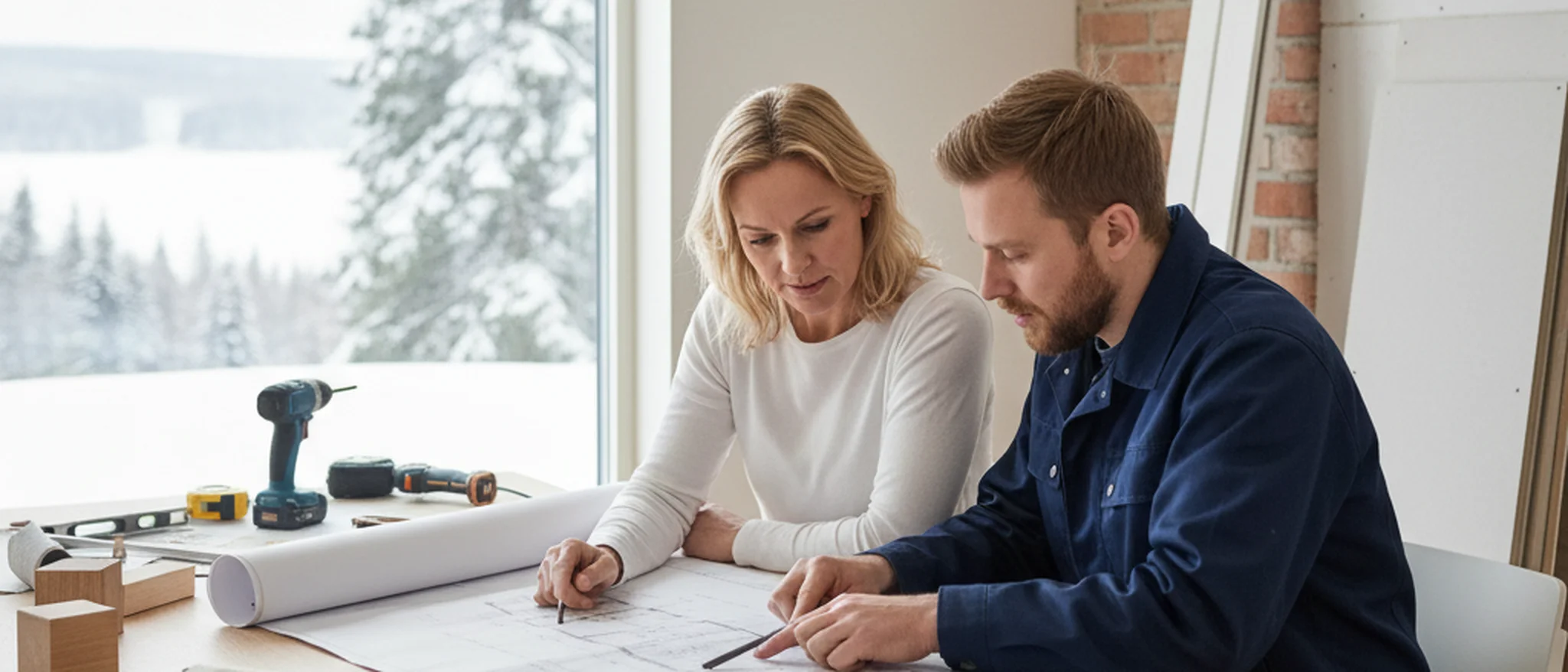Husägare och hantverkare granskar byggnadsritningar vid ett köksbord med renoveringsverktyg