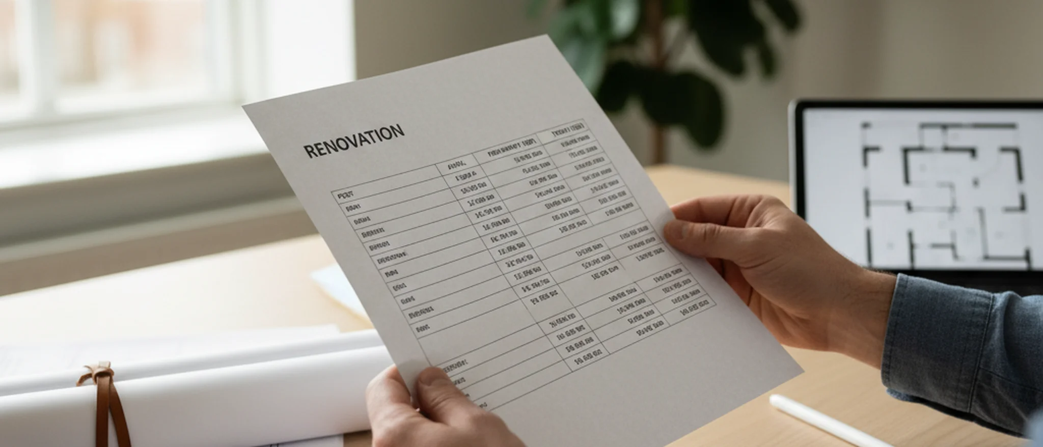Detaljerad renoveringsoffert med kostnadsuppdelning i svenska kronor, kalkylator och ritningar på ett arbetsbord
