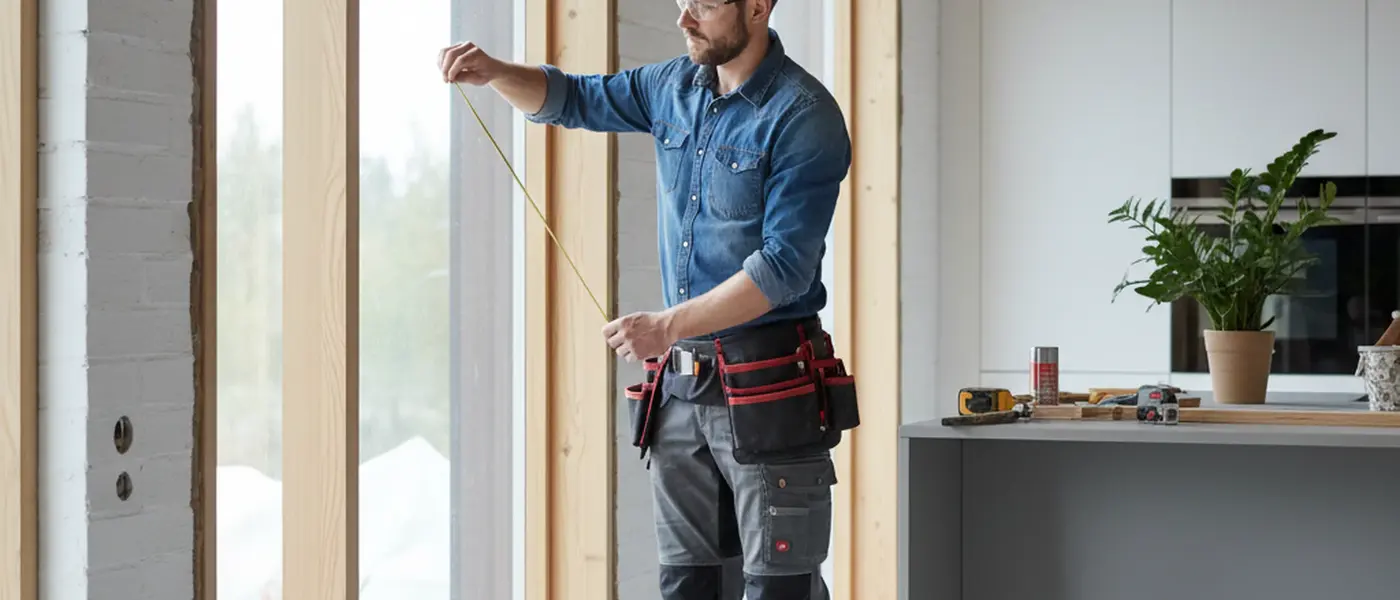 Svensk snickare mäter en trästomme i ett ljust skandinaviskt kök under renovering