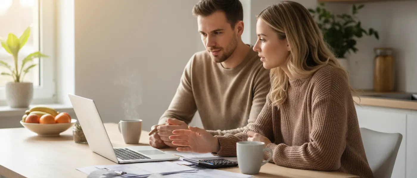 Junges deutsches Paar bespricht Steuerunterlagen am Küchentisch mit Laptop und Dokumenten