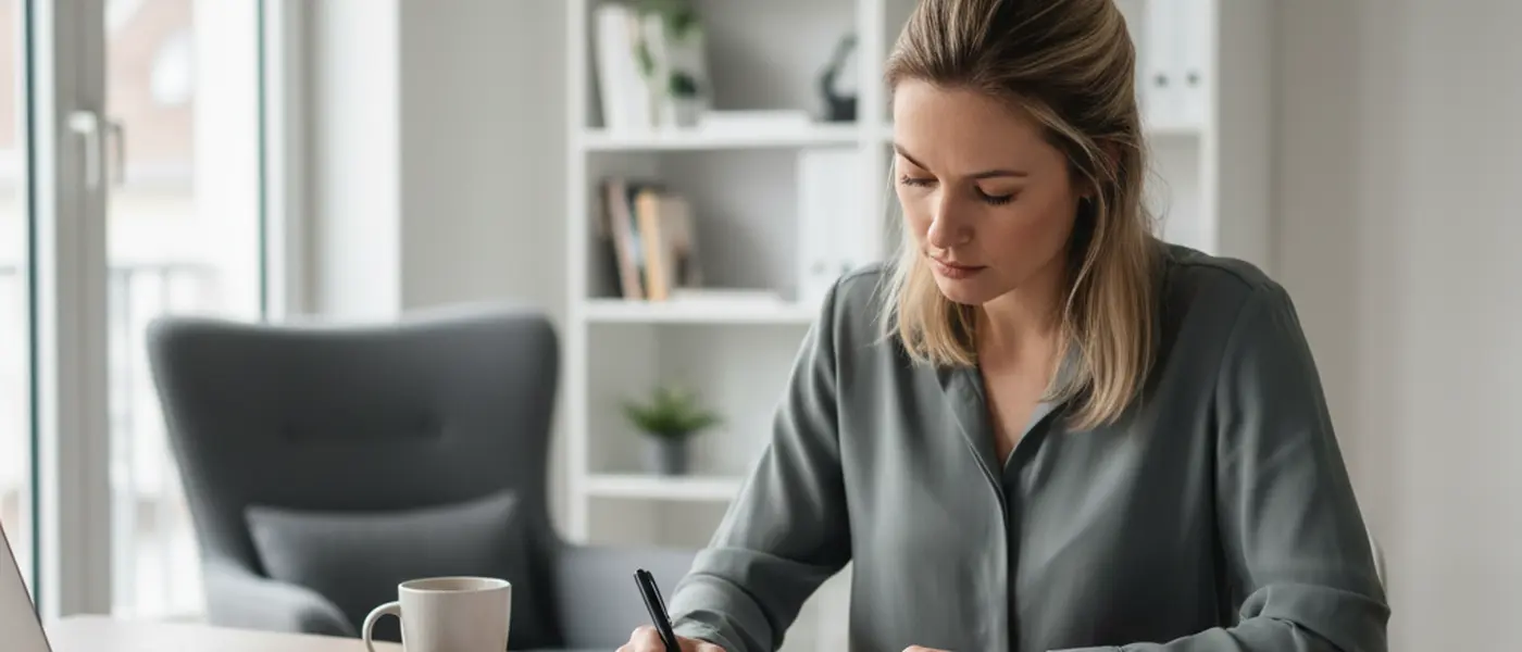 Deutsche Frau füllt ein Steuerformular an ihrem Schreibtisch im Homeoffice aus