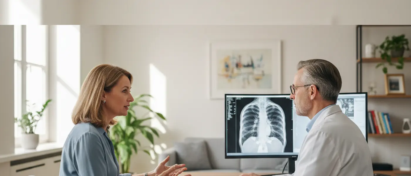 Frau im Gespräch mit Arzt in Behandlungsraum, CT-Aufnahme der Lunge auf dem Bildschirm