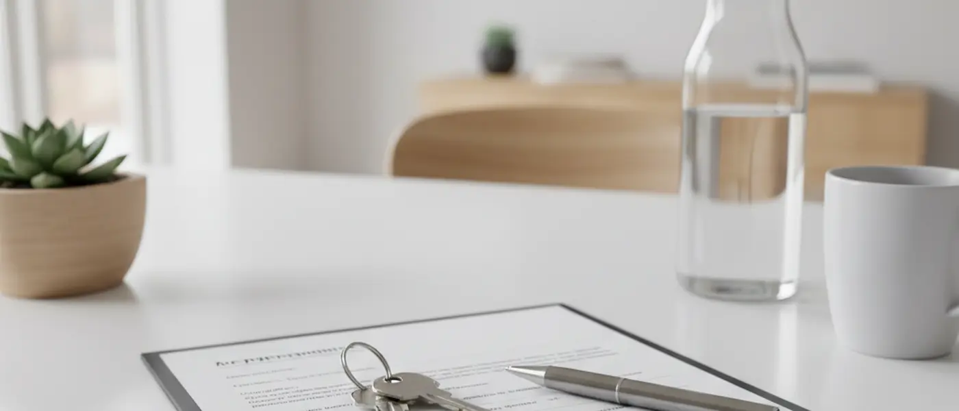 Dansk par gennemgår boligdokumenter med deres advokat ved et skrivebord i et lyst skandinavisk kontor