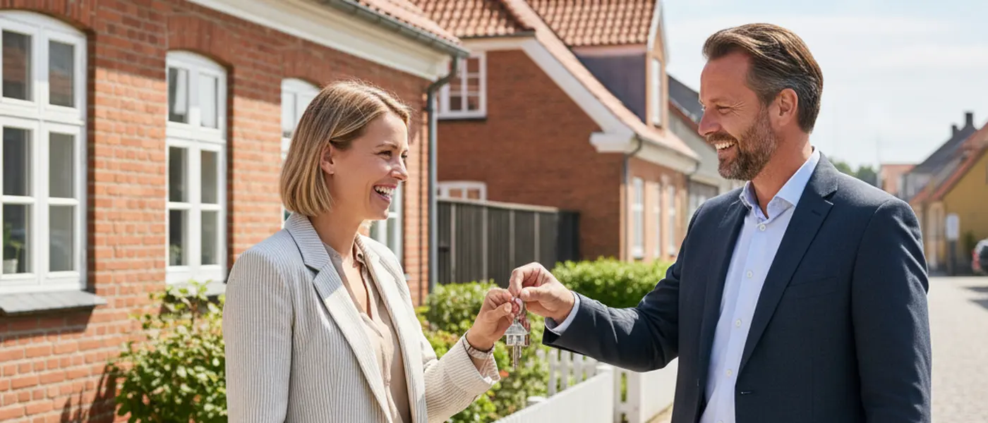 Ungt dansk par modtager nøgler til deres nye bolig foran et rødt murstenshus