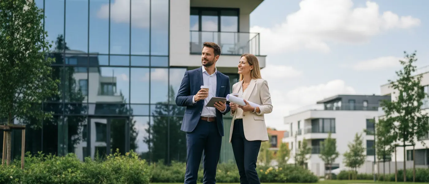 Dansk par gennemgår ejendomsdokumenter med en boligadvokat ved et lyst skandinavisk kontor