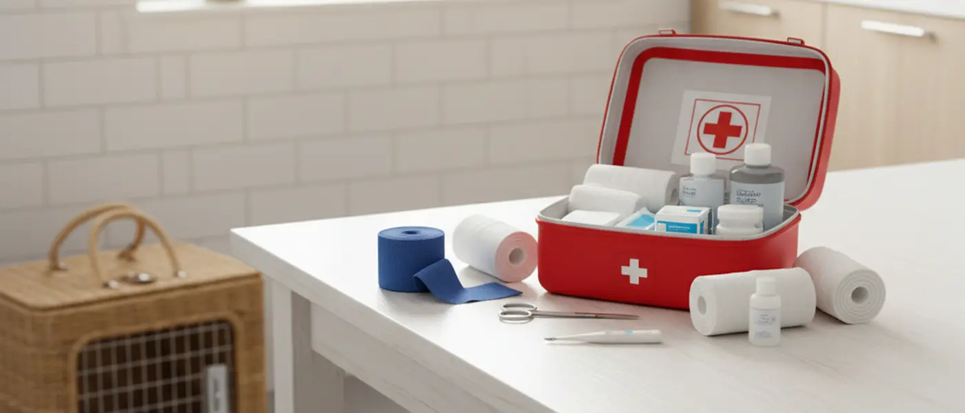 Kit de primeiros socorros veterinários aberto numa mesa com compressas, termómetro e soro fisiológico