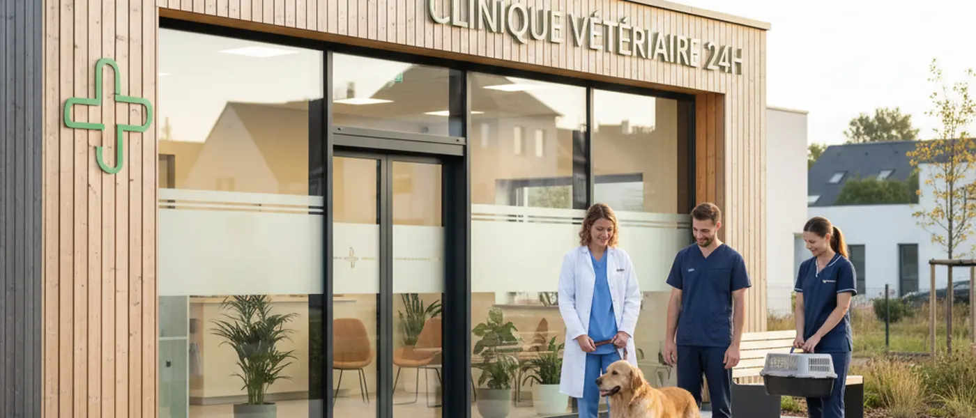 Veterinária portuguesa examinando um golden retriever numa clínica veterinária moderna iluminada durante a noite