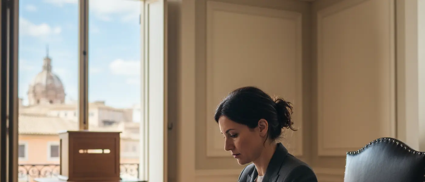 Avvocato italiano che esamina documenti legali in studio con scheda elettorale sullo sfondo