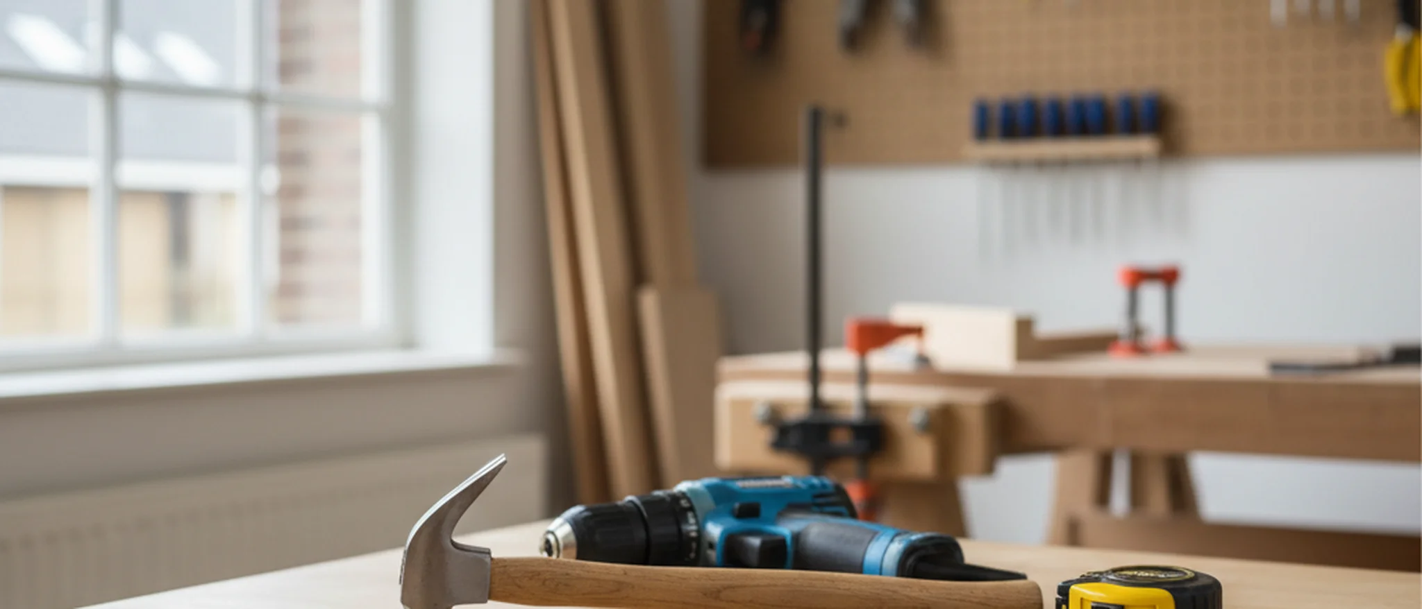 Professionele gereedschapsset met hamer, boormachine en meetlint op een werkbank