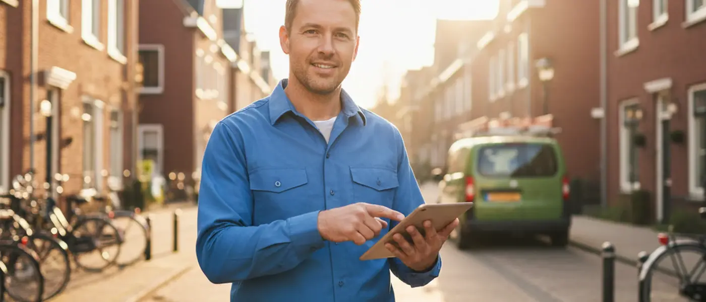 Nederlandse klusjesman meet een houten plank op in een moderne woonkamer met gereedschap op de werkbank