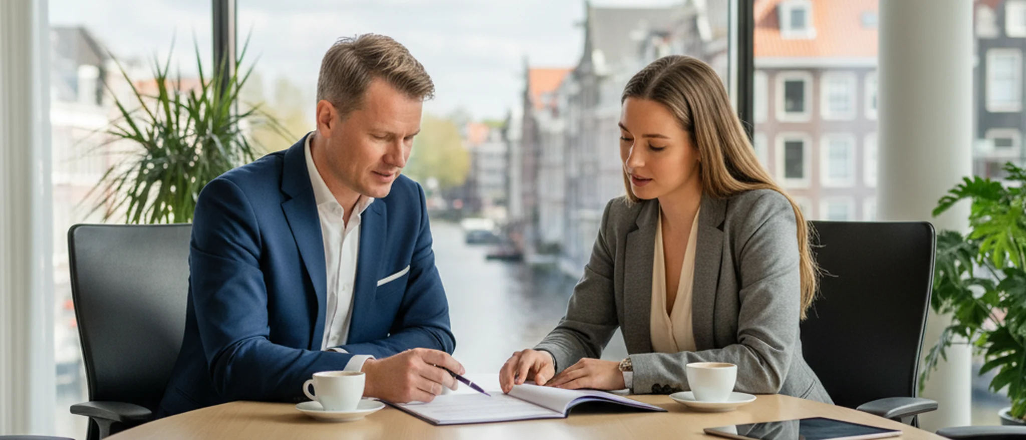 Werknemer en advocaat bespreken een vaststellingsovereenkomst aan een vergadertafel in een modern kantoor