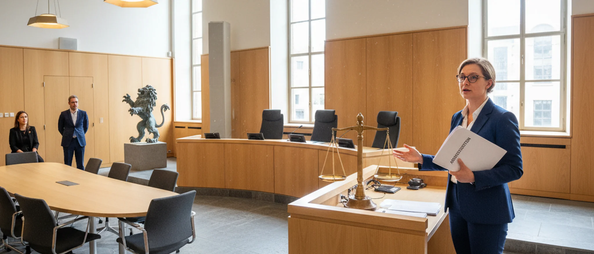 Advocaat presenteert arbeidsrechtdocumenten in een Nederlandse rechtszaal