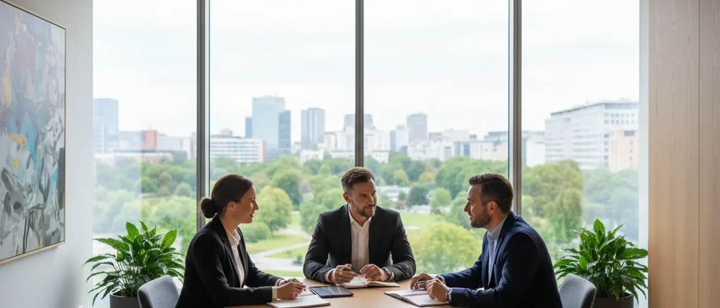 Nederlandse advocaat in zakelijke kleding raadpleegt juridische documenten aan een modern bureau