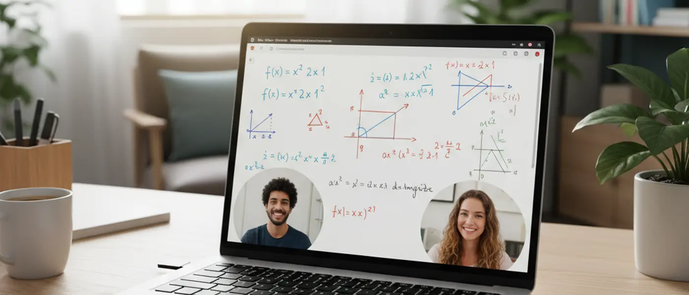 Tela de laptop mostrando quadro digital com equações durante aula particular online