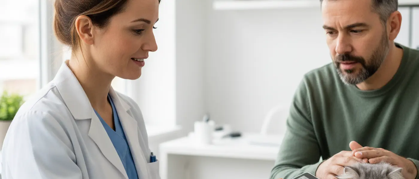 Vétérinaire montrant des estimations de coûts à un propriétaire d'animal dans une salle de consultation moderne