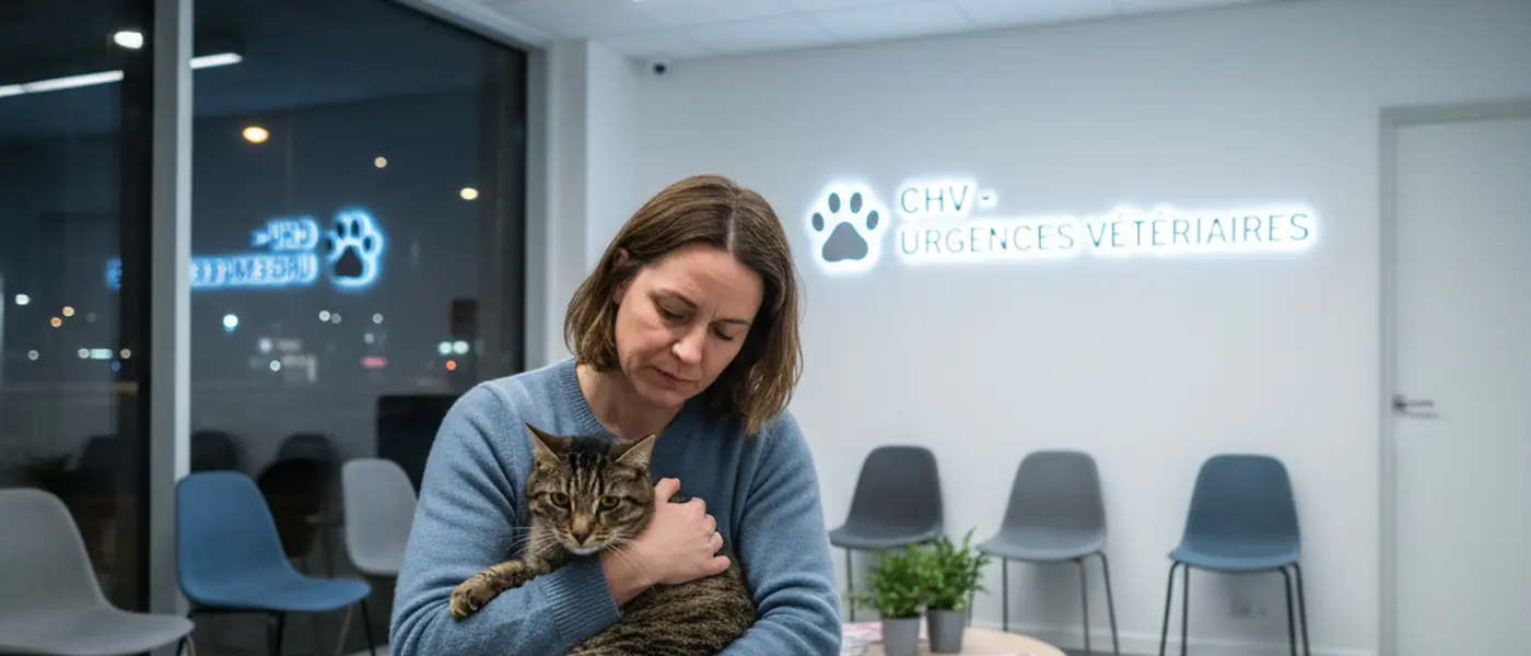 Propriétaire inquiet tenant un chat dans une salle d'attente d'urgence vétérinaire