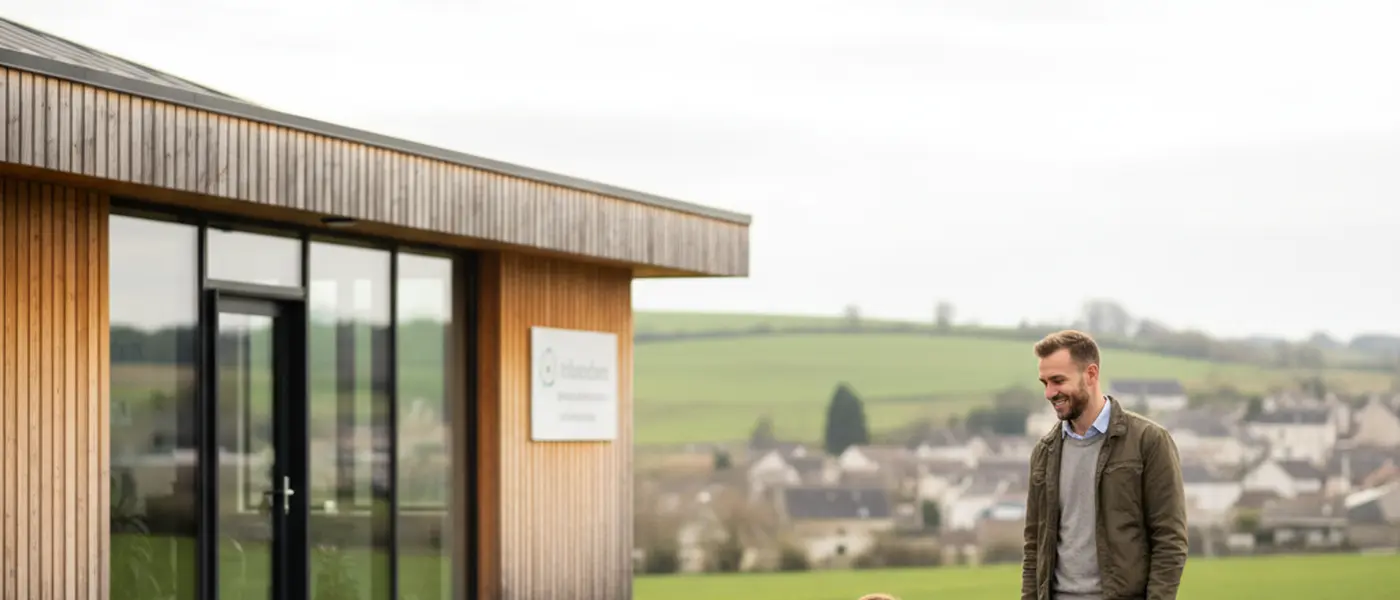 Vétérinaire français examinant un golden retriever sur une table d'examen dans une clinique moderne