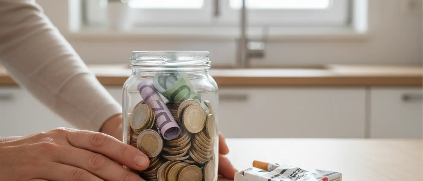 Glas mit Euromünzen neben einer zerknüllten Zigarettenpackung auf einem Küchentisch