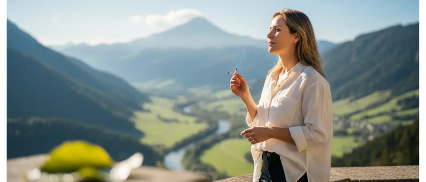 Frau zerbricht entschlossen eine Zigarette in einer deutschen Apotheke mit Nikotinpflastern im Regal