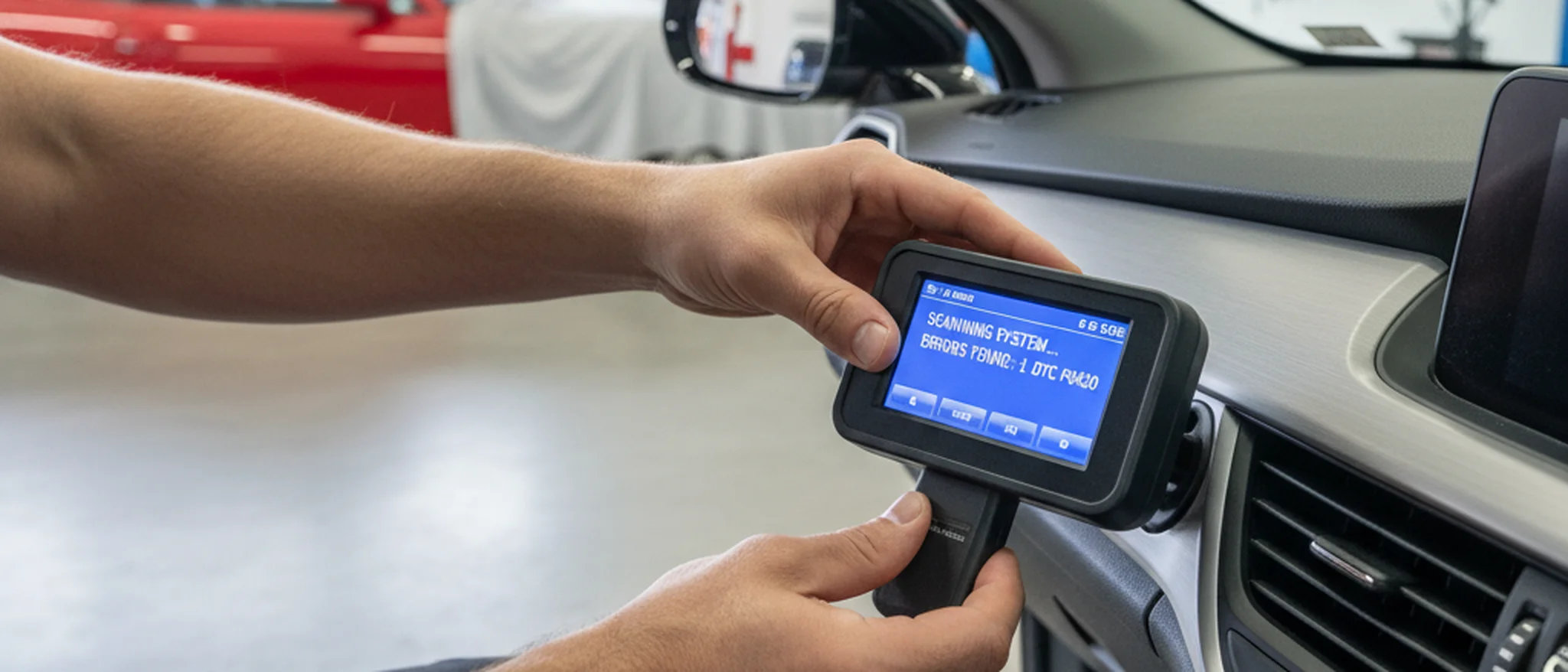 Meccanico che utilizza uno scanner diagnostico OBD-II collegato al cruscotto di un'auto in un'officina italiana