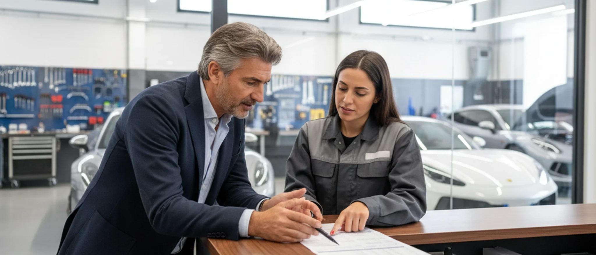Automobilista italiano che esamina un preventivo dettagliato con una meccanica al bancone di un'autofficina moderna