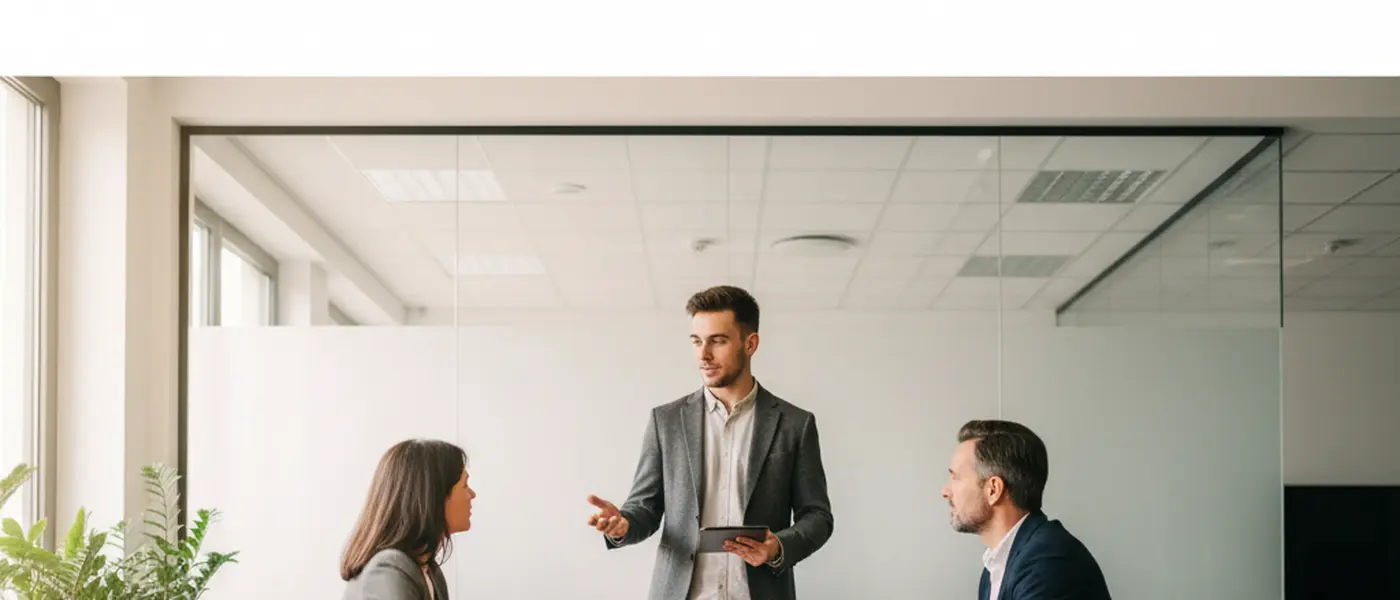 British startup founder presenting a pitch to investors in a co-working space