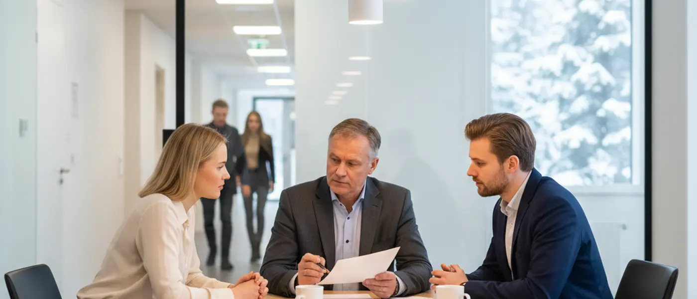 Suomalainen lakimies tarkistaa asiakirjoja modernissa toimistossa Helsingissä
