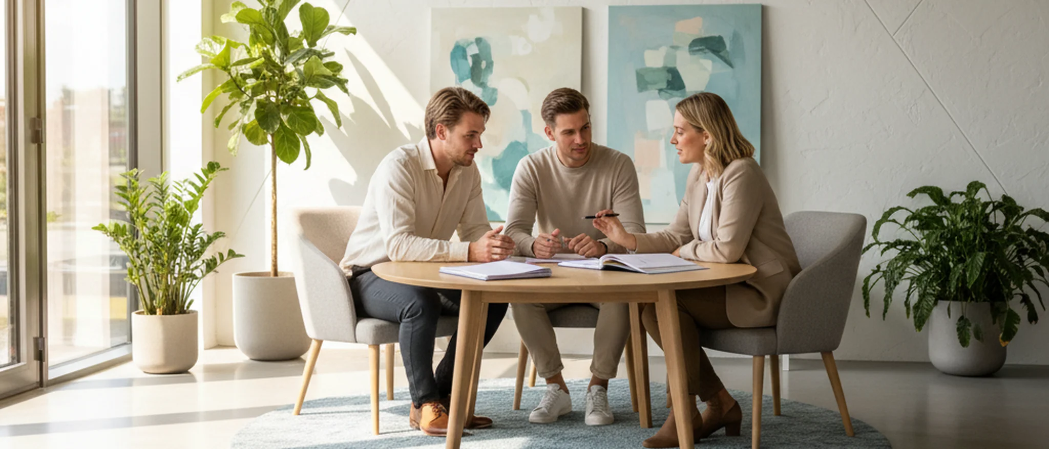 Jong Nederlands koppel bespreekt scheidingsdocumenten met een mediator in een moderne vergaderruimte