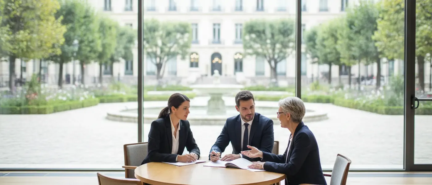 Nederlandse advocaat familierecht bespreekt juridische documenten met een cliëntenpaar in een modern kantoor in Amsterdam