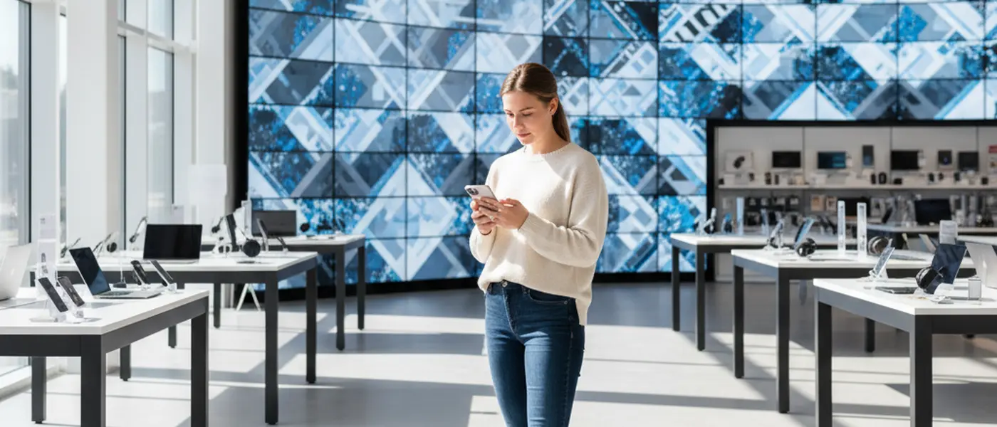 Kunde som sammenligner priser på smarttelefon foran en TV-vegg i en norsk elektronikkbutikk