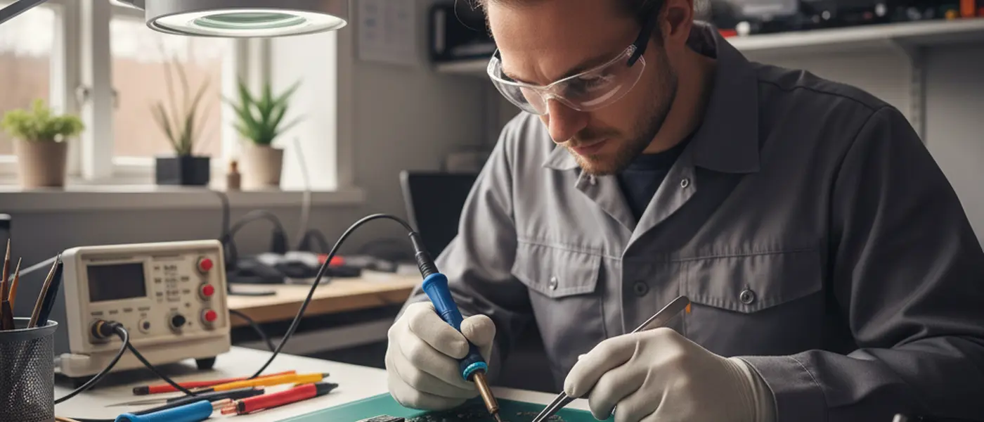 Tekniker som reparerer et kretskort med loddekolbe i et norsk elektronikkverksted