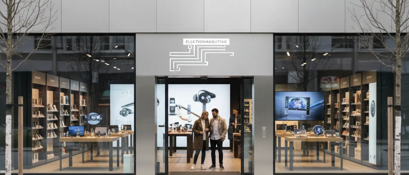 Norsk kunde som undersøker en bærbar datamaskin i en moderne skandinavisk elektronikkbutikk med rene hvite hyller