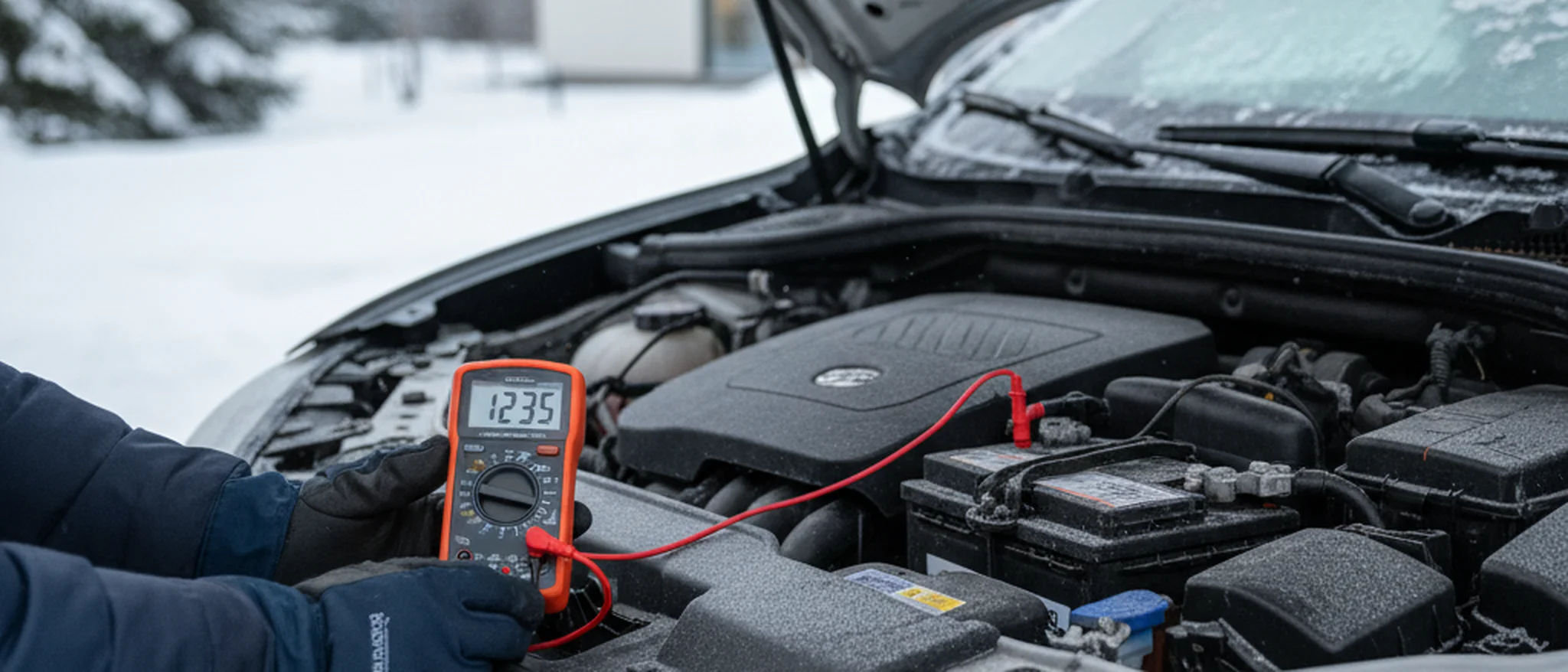 Bilbatteri testas med digital multimeter under vintern i ett svenskt garage