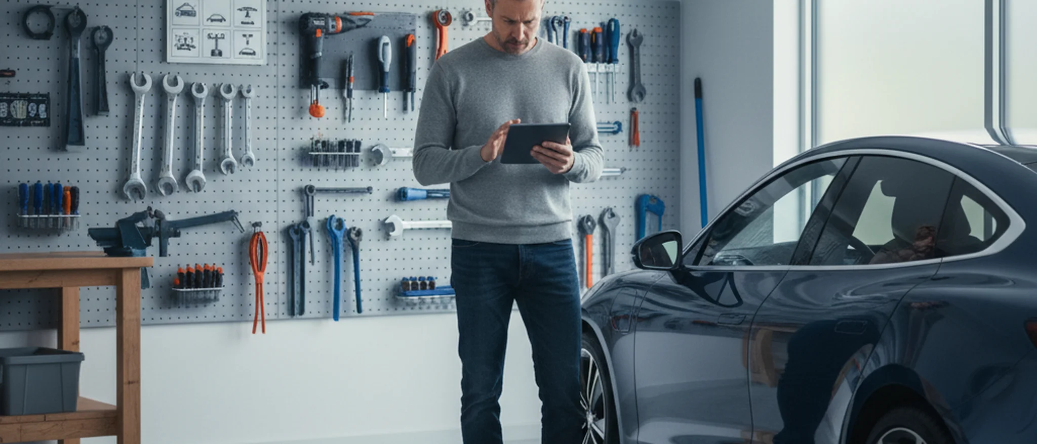 Bilägare granskar OBD2-diagnostikrapport på surfplatta bredvid sin bil i hemmagarage