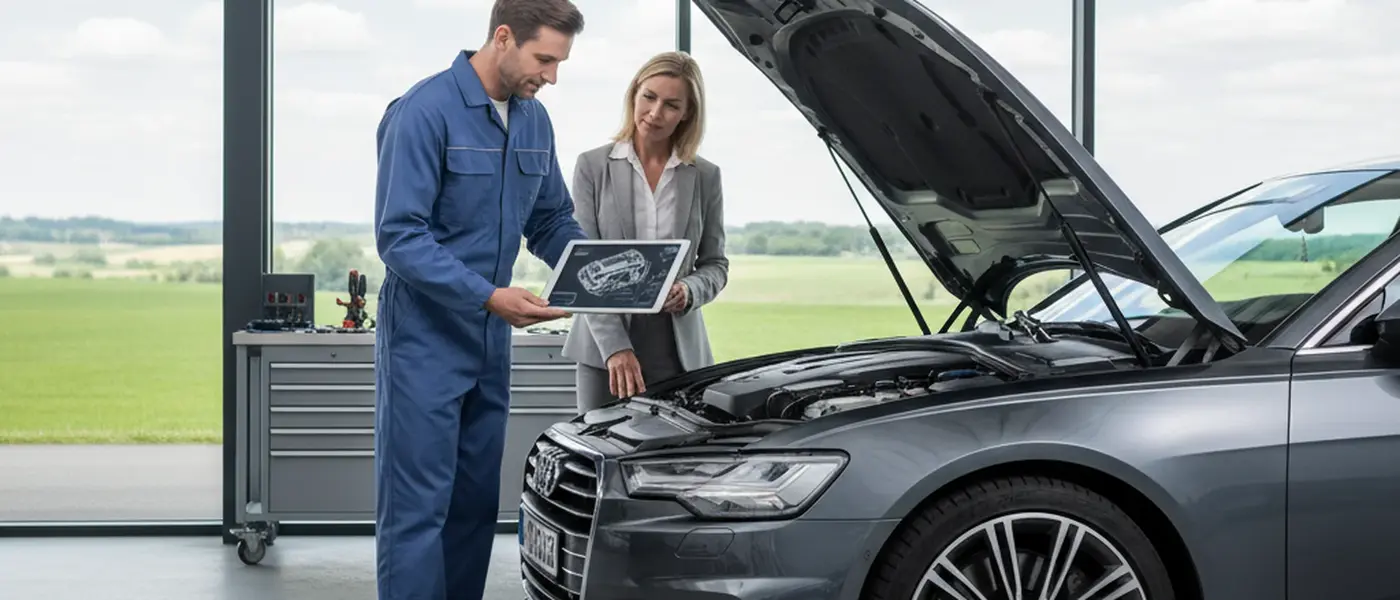 Svensk bilmekaniker använder OBD2-diagnostikverktyg på modern bil i skandinavisk verkstad