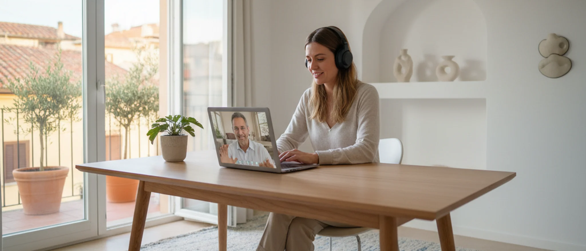 Giovane donna italiana segue una lezione di inglese online con un tutor madrelingua sul laptop