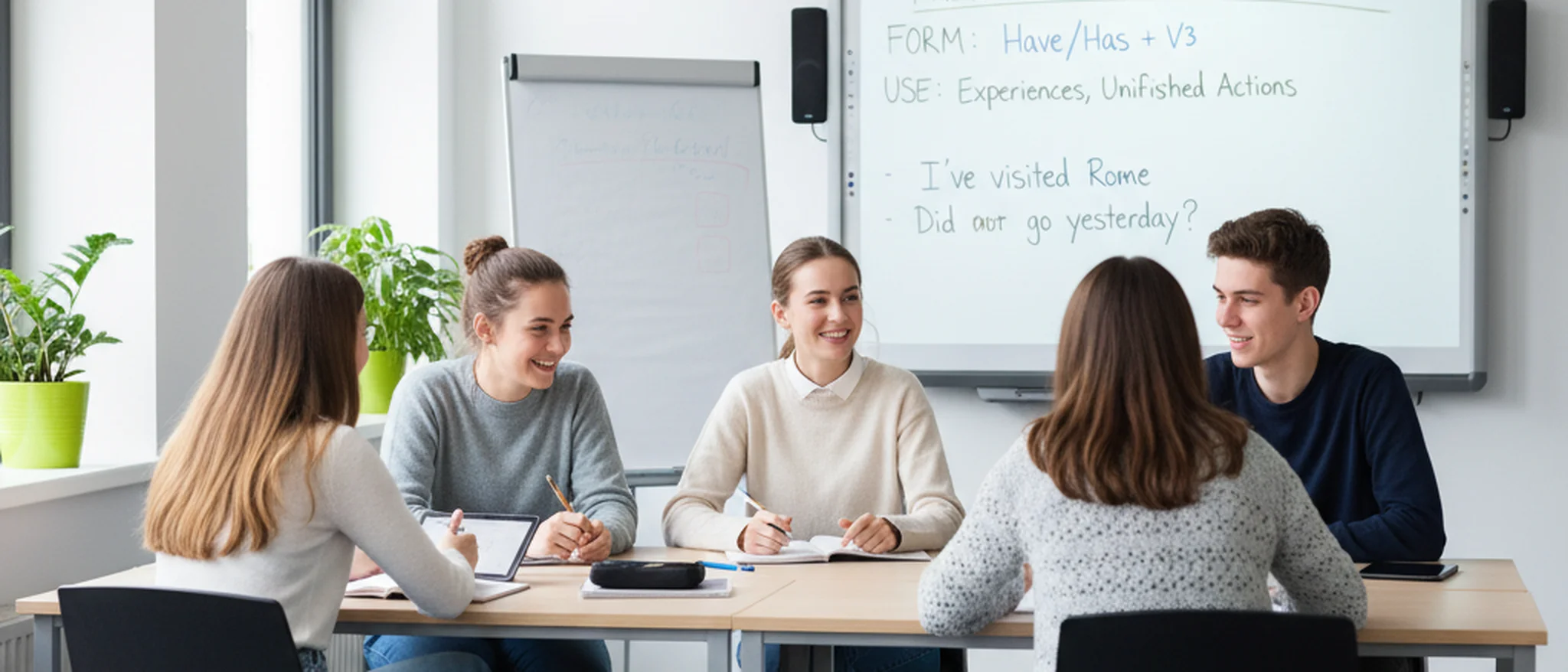 Studenti di diverse età in un'aula di scuola di lingua con appunti di grammatica inglese alla lavagna