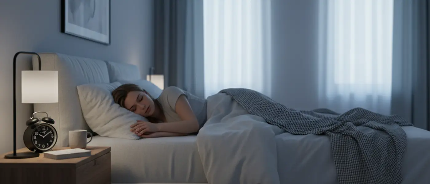 Frau schläft ruhig in einem abgedunkelten Schlafzimmer mit kühler Temperatur