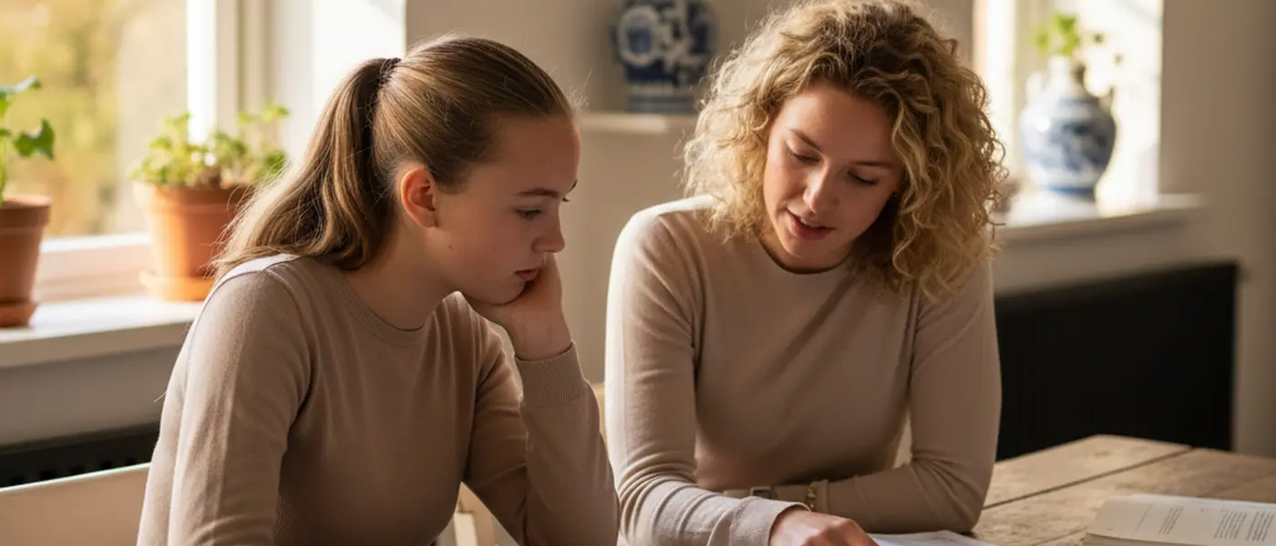 Nederlandse scholier en bijlesdocent studeren samen aan een keukentafel met schoolboeken