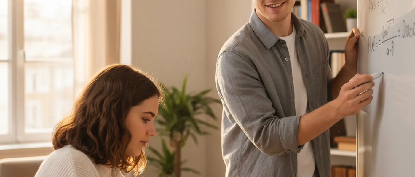 Professeur particulier expliquant un problème de mathématiques sur un tableau blanc à un collégien attentif