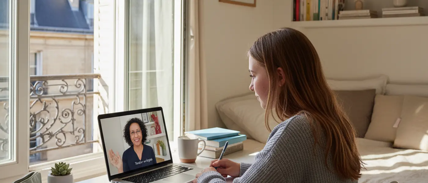 Adolescente suivant un cours en ligne avec un professeur visible à l'écran dans sa chambre organisée