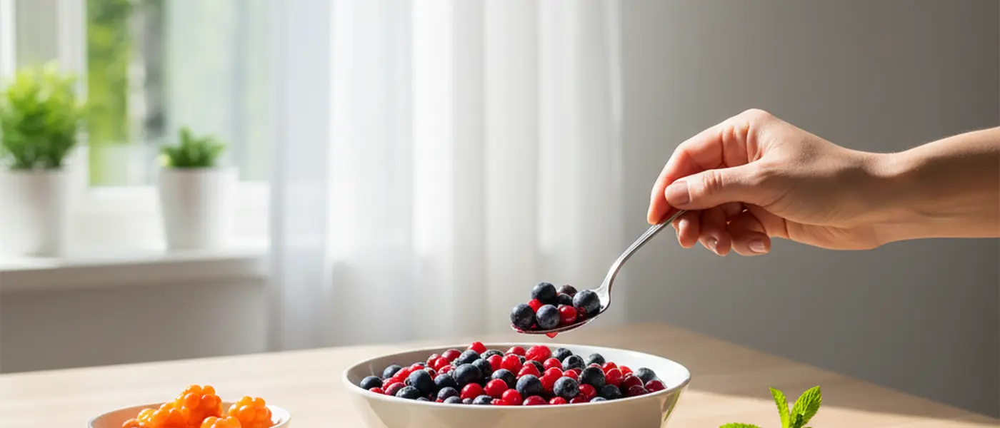 Tuoreita suomalaisia marjoja ja superruokia vaalealla puisella keittiöpöydällä luonnonvalossa