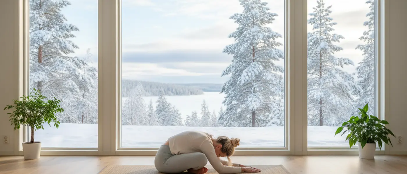 Suomalainen nainen harjoittaa joogaa valoisassa olohuoneessa talvimaiseman edessä